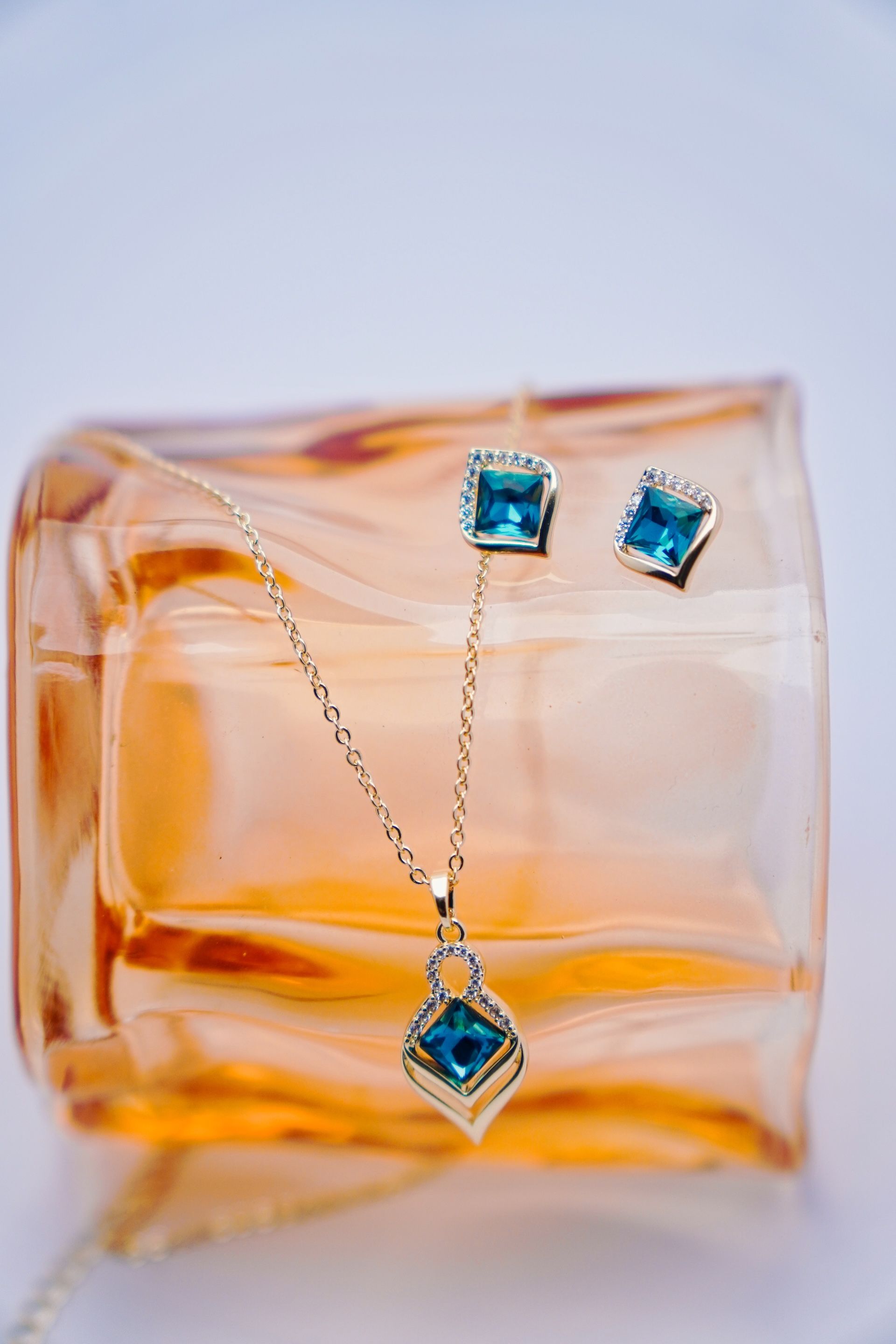 Teal Square Pendant Necklace Set