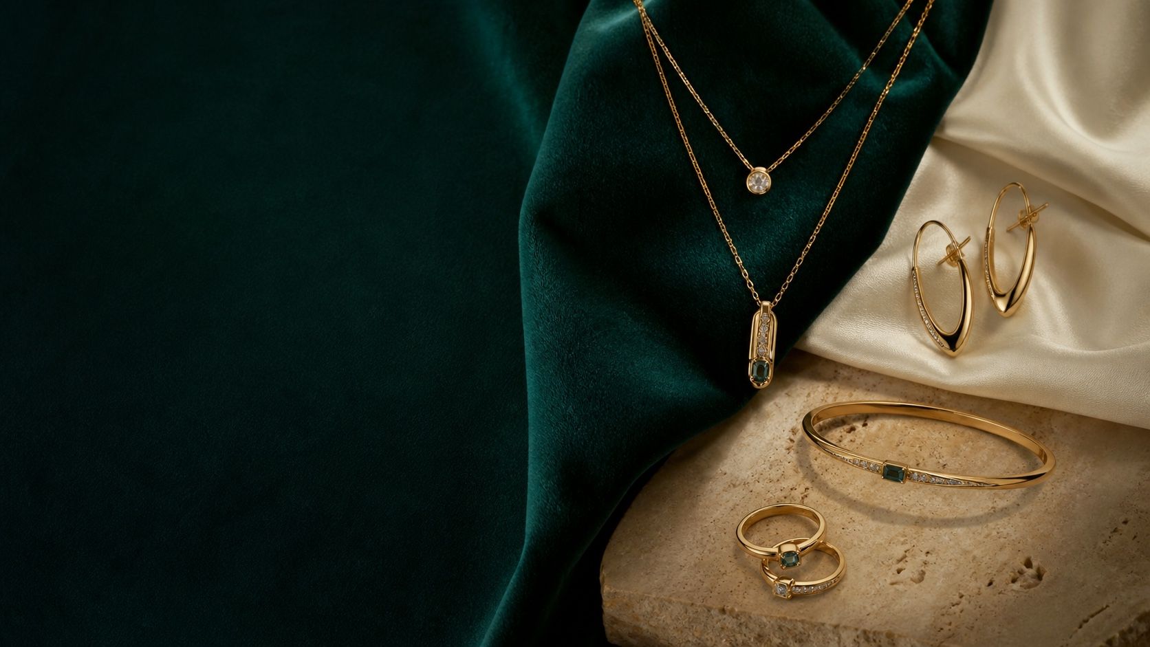 Gold jewellery arranged on deep teal velvet, ivory silk, and warm stone