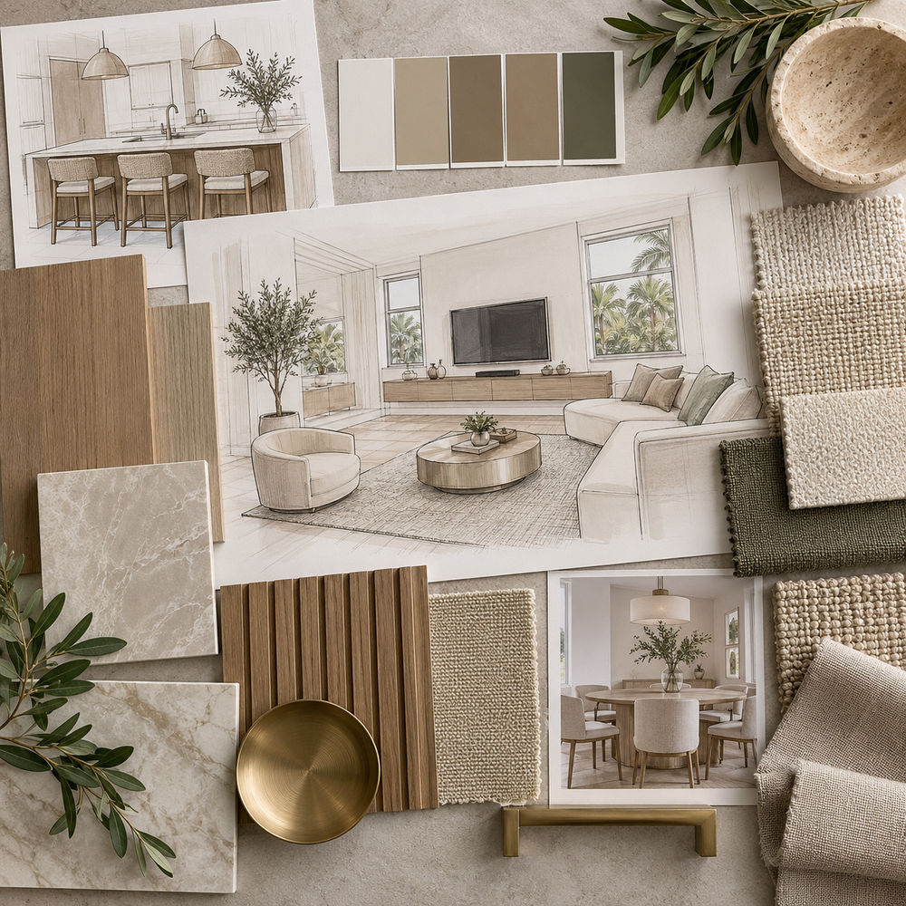 Design consultation mood board with room sketches, wood, stone and fabric samples