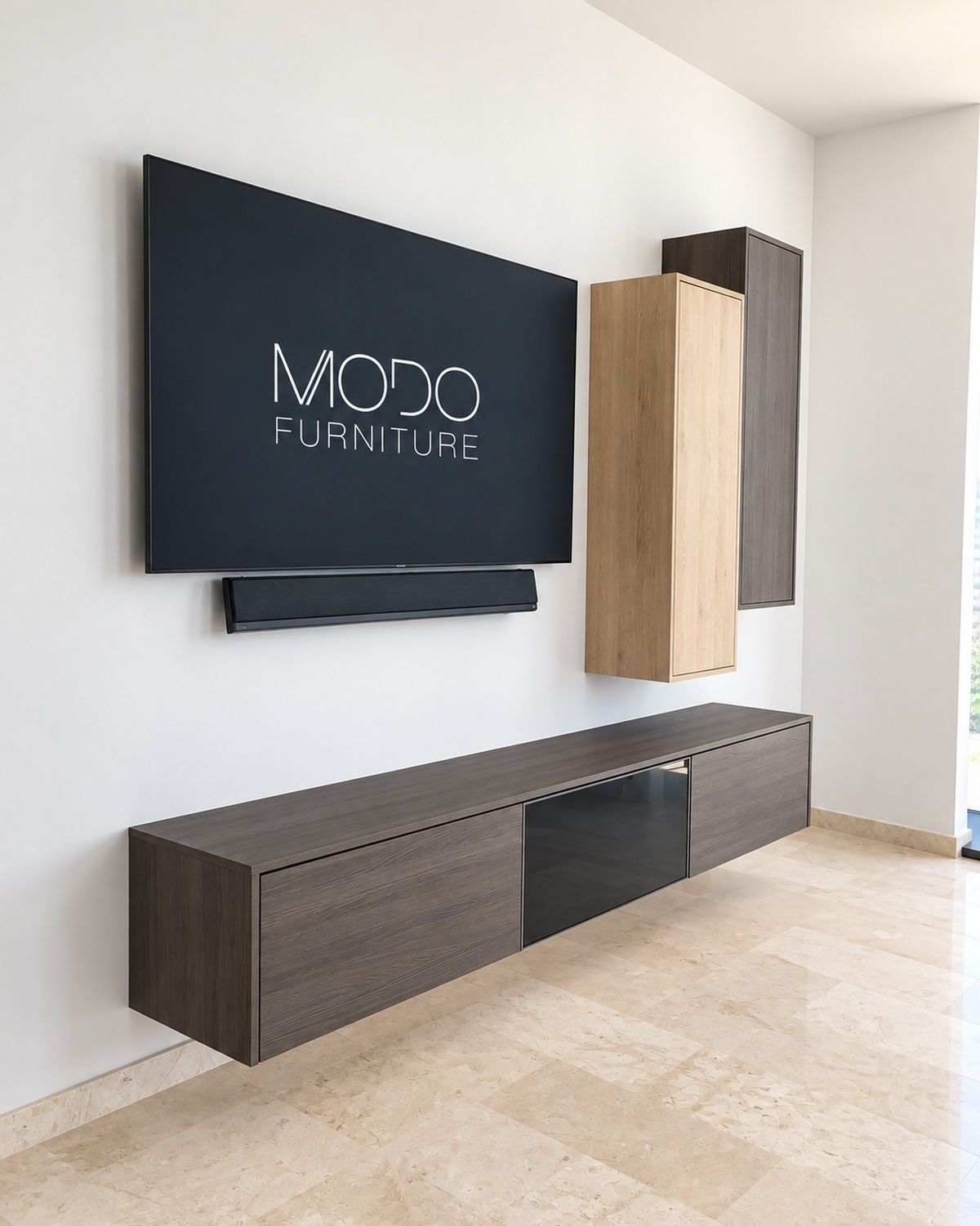 Wall-mounted TV with soundbar above a floating dark wood console and an oak and gray hanging cabinet