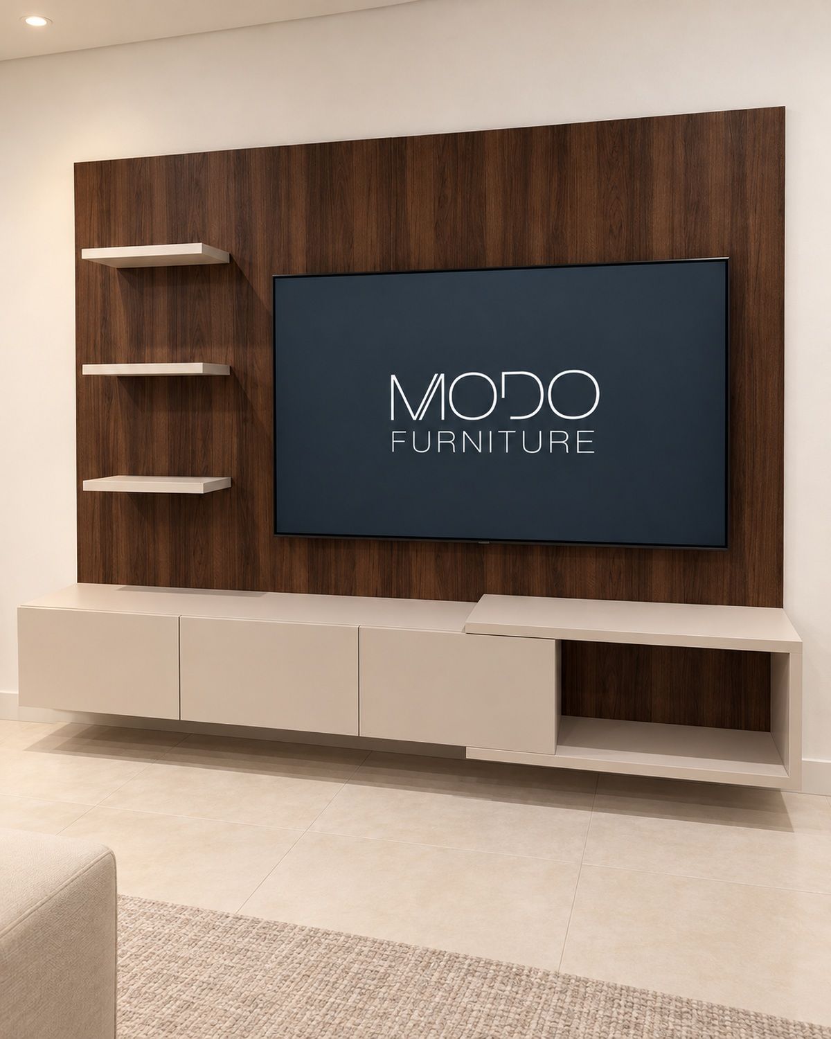 Walnut TV wall panel with floating shelves and a floating cream lacquer console with an open corner shelf