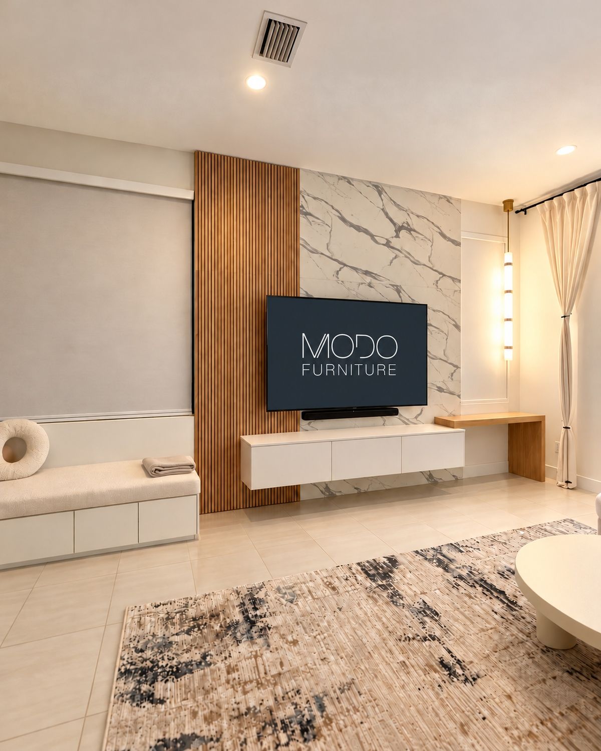 Walnut slat panel beside a white marble-look wall with a wall-mounted TV and a floating white console
