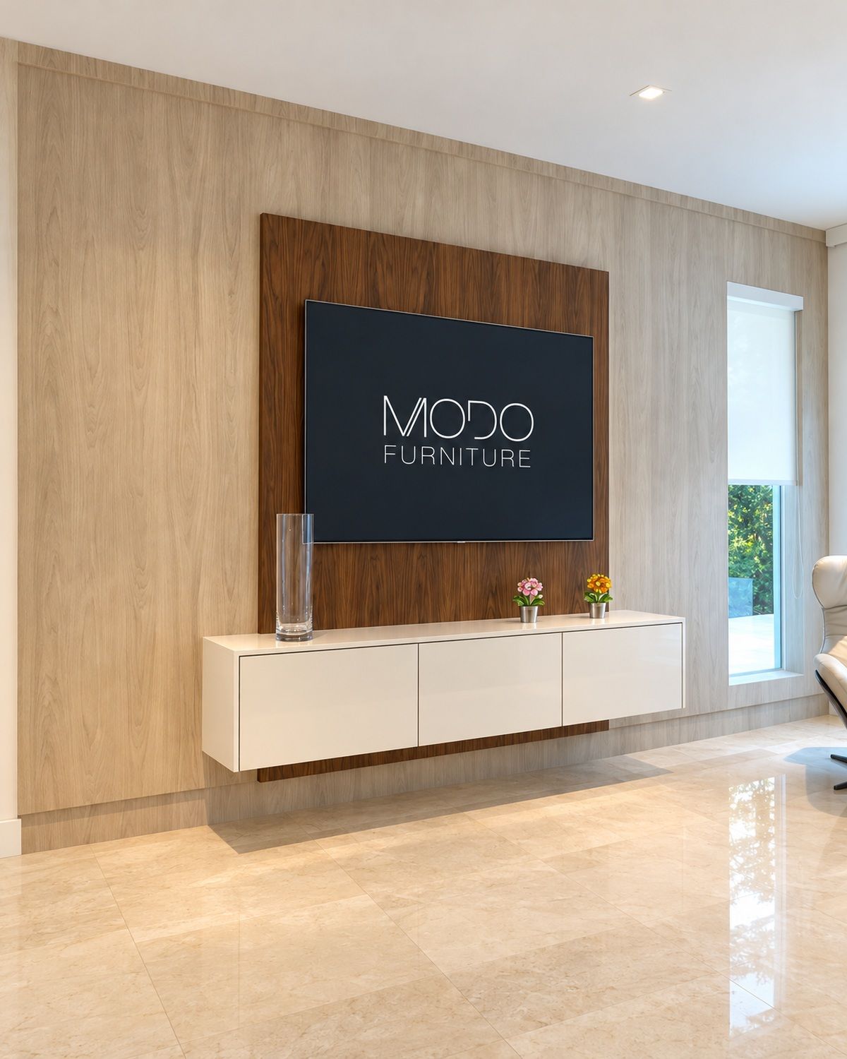 Light oak and walnut TV wall panel with a floating white gloss console and soundbar