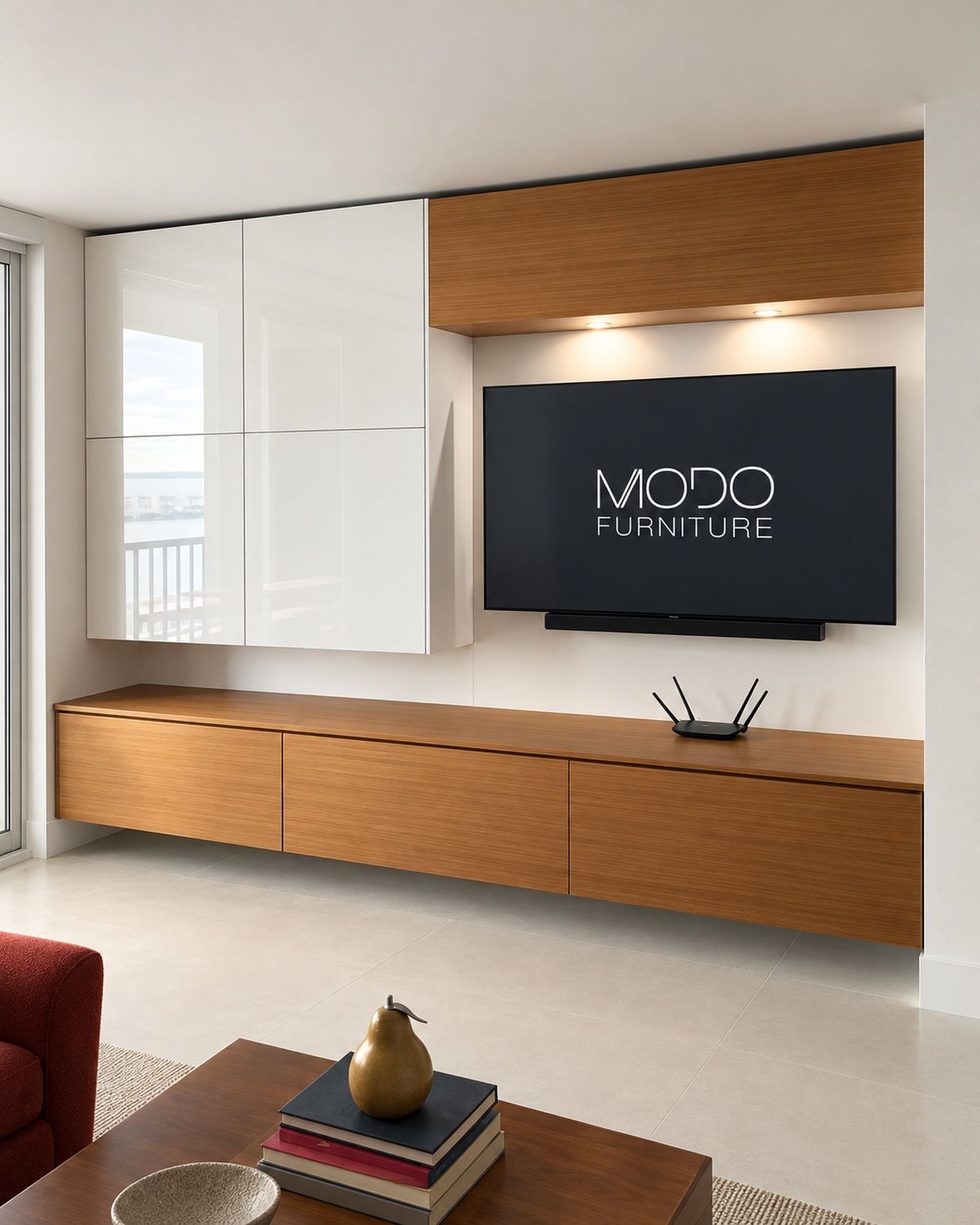 White gloss upper cabinets and a walnut shelf above a floating walnut TV console