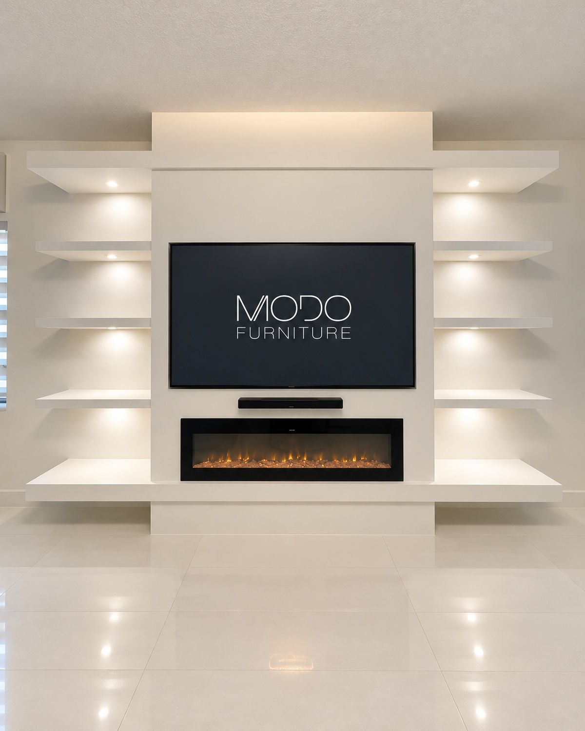 White built-in TV wall with backlit floating shelves on both sides and a linear fireplace below the TV