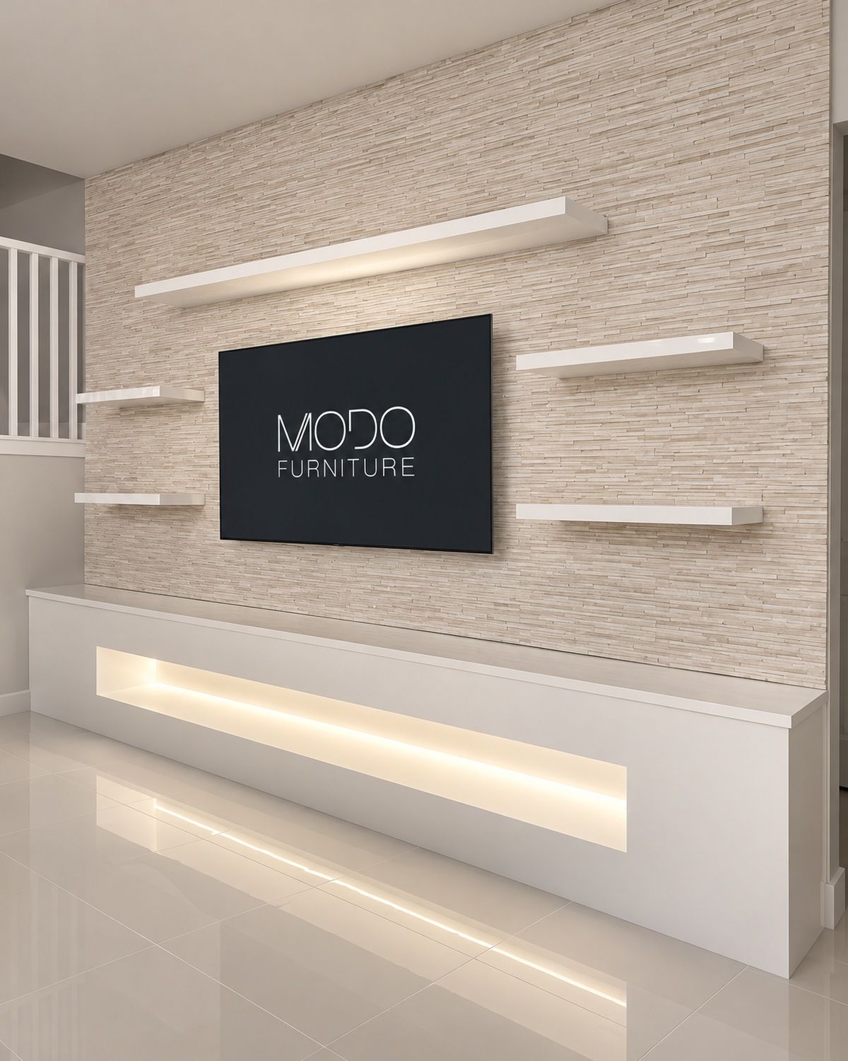 Floating white shelves on a stacked stone TV wall above a long white console with a glowing LED niche