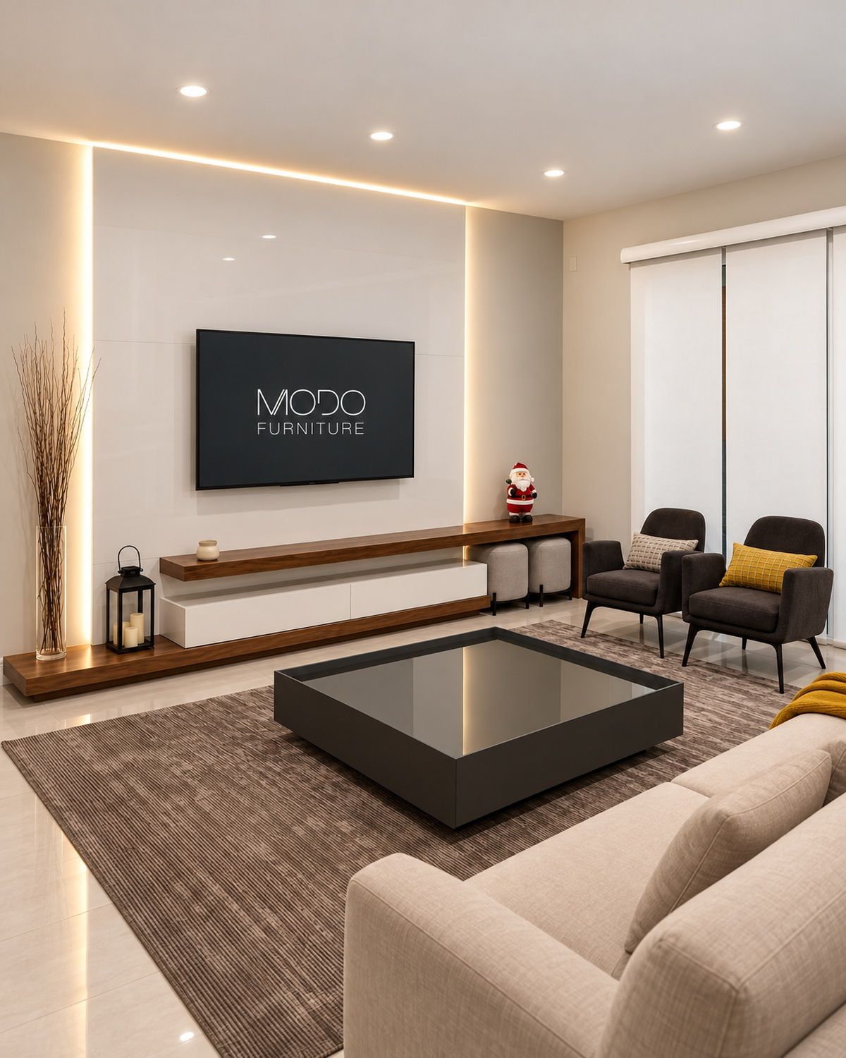 Wall-mounted TV on a white LED-backlit panel above a floating white and walnut console in a living room