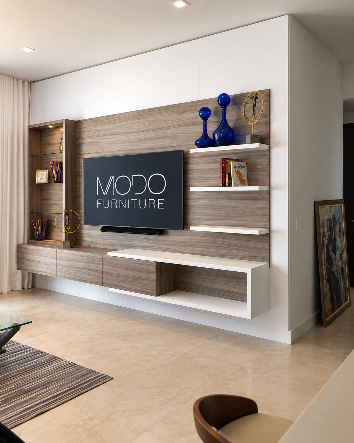 Wood-grain TV wall with floating white shelves, a lit glass display niche and a floating console with an open shelf