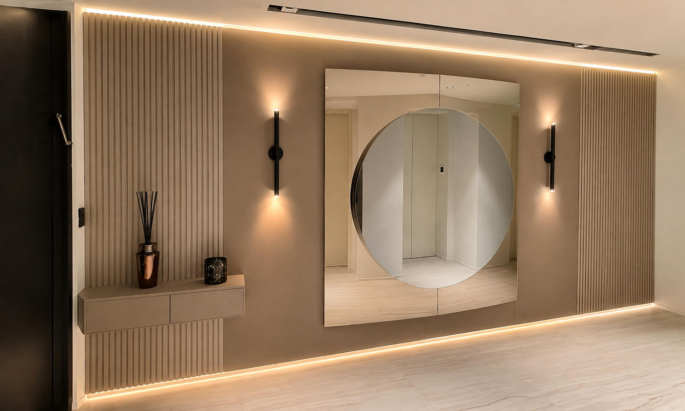 Custom fluted wall paneling with LED lighting, a floating shelf and a large mirror