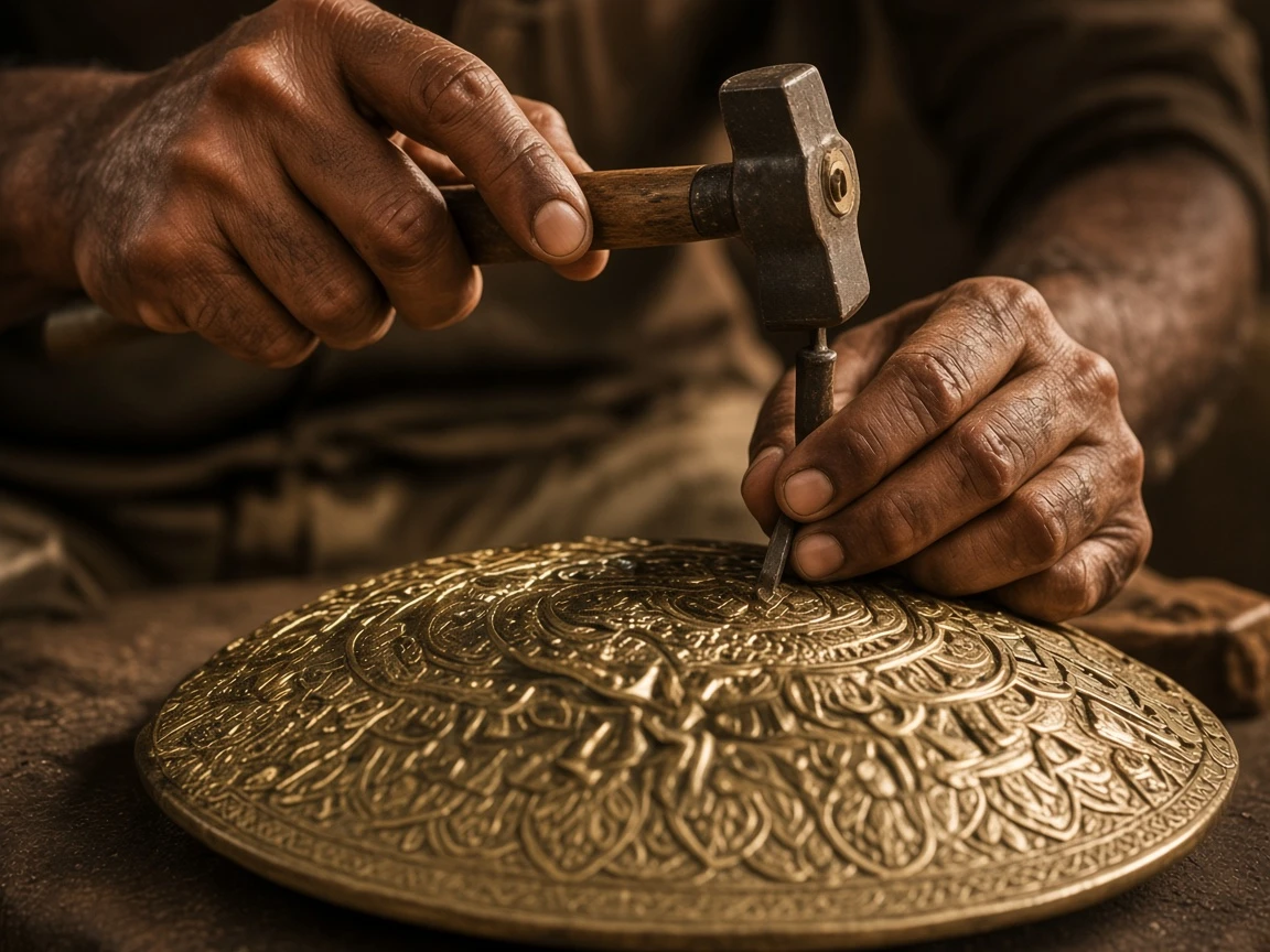 An artisan hammering a brass plate by hand