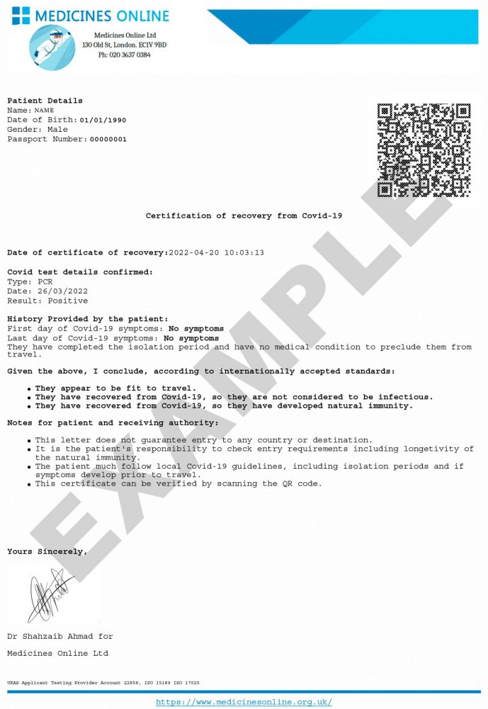 Covid19 Recovery Certificate for Travel Medicines Online