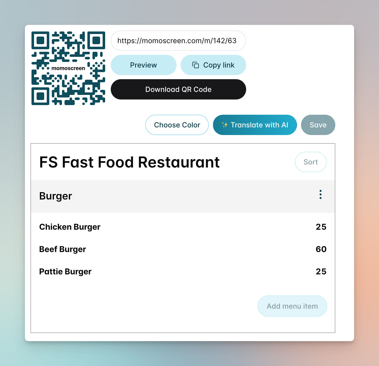 QR Code menu - momoscreen