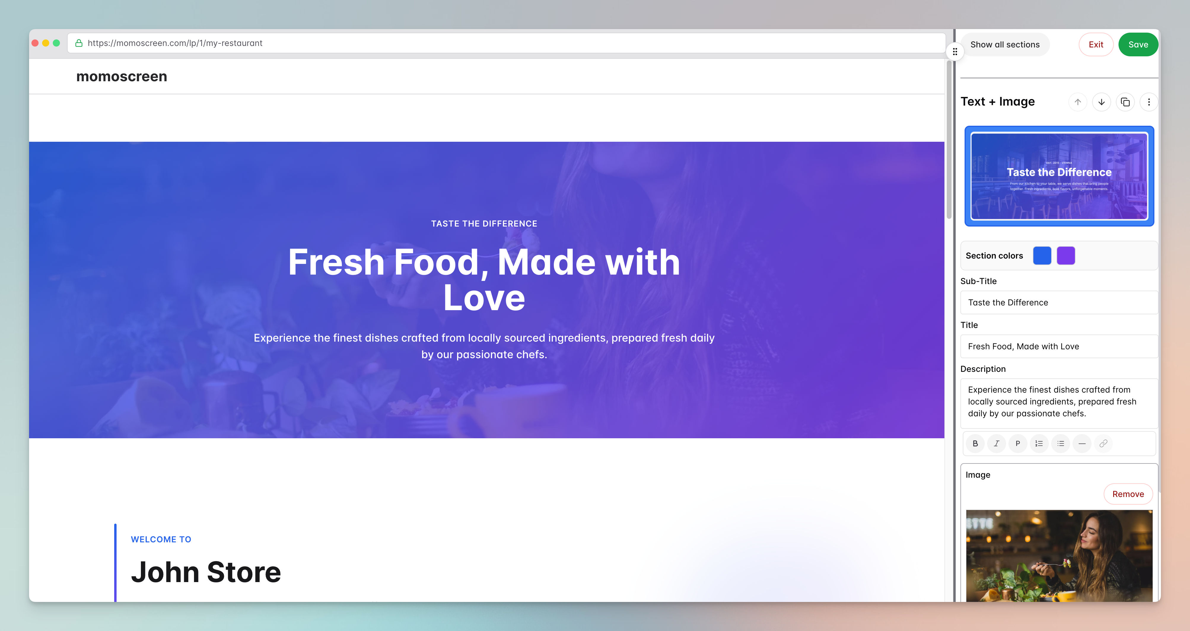 landing page builder inside momoscreen