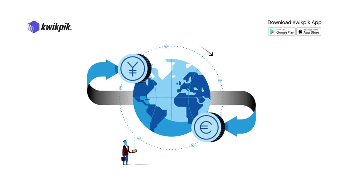 Kwikpik - Currency exchange  symbol of YEN and EUR around a globe