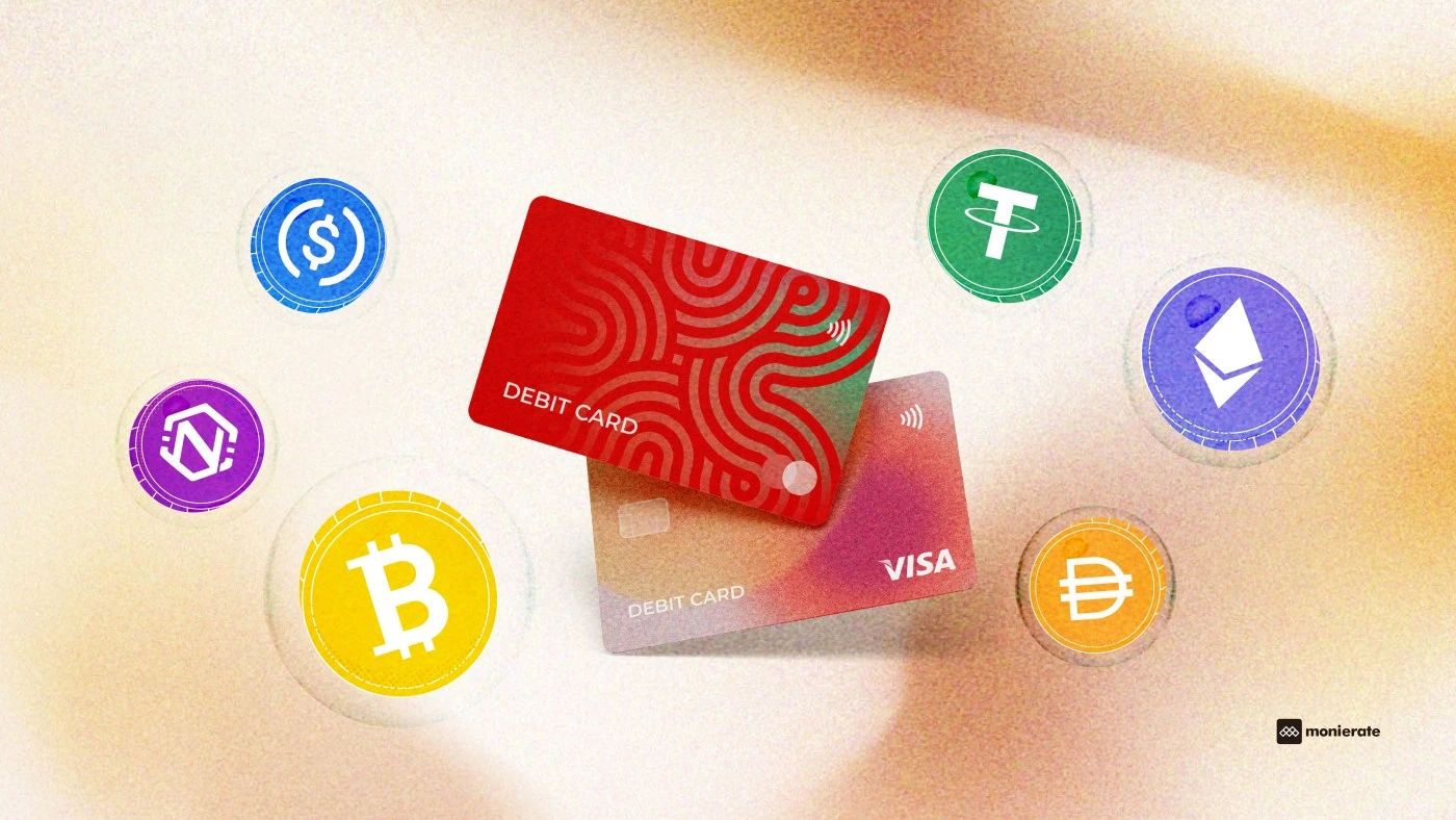Debit cards with multiple crypto icons around it