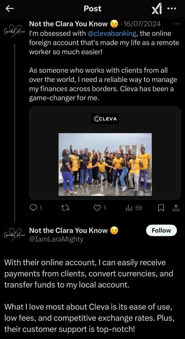 Tweet about Cleva by Not the Clara you know