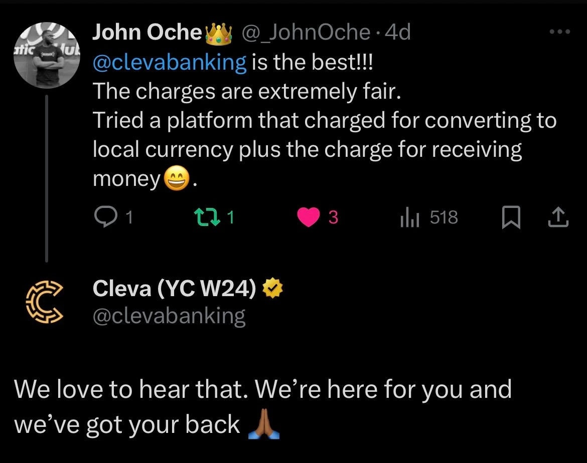 Tweet about Cleva Banking by John Oche