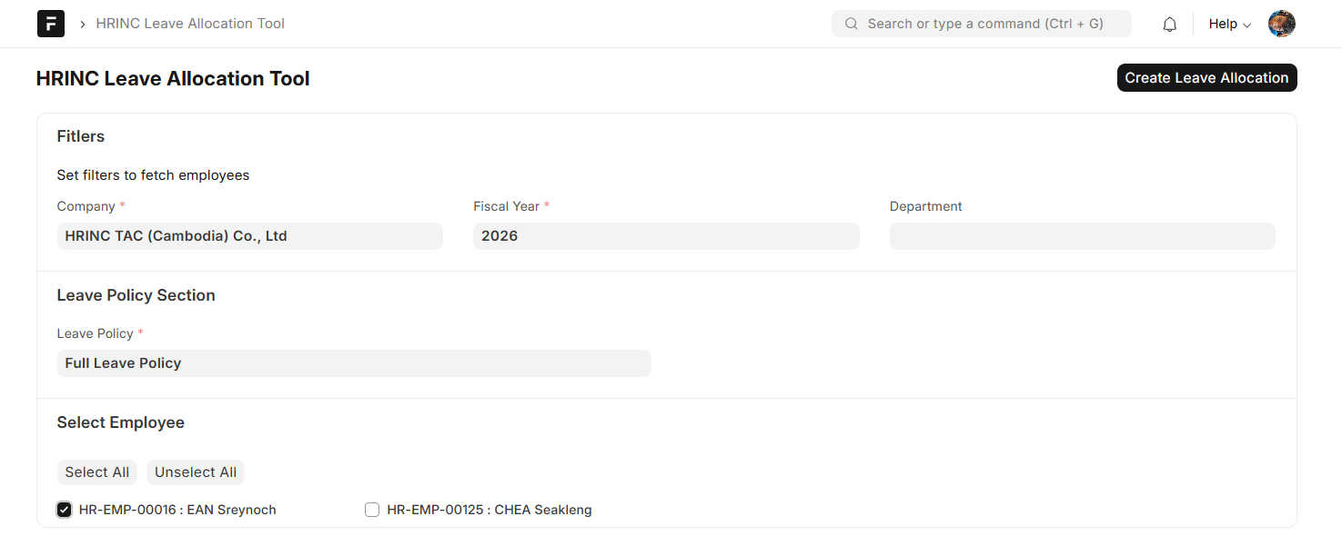 HRINC Leave Allocation Tool