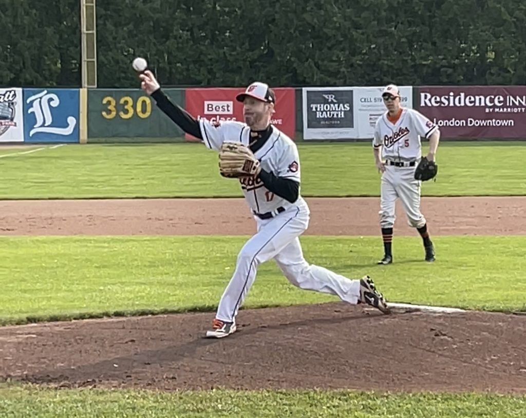 Callum Hughson pitches at Labatt Park in London, Ontario May 22, 2023.