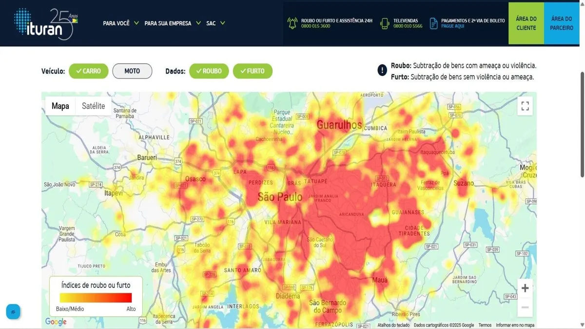 Ituran divulga Mapa de Risco de Furtos e Roubos de Veículos em SP