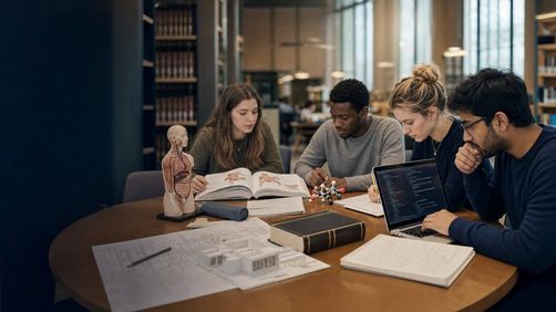 University students studying challenging degree subjects together in a library