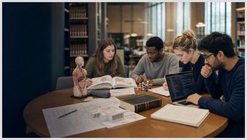 University students studying challenging degree subjects together in a library