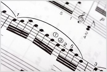 A close-up of a complex musical score.