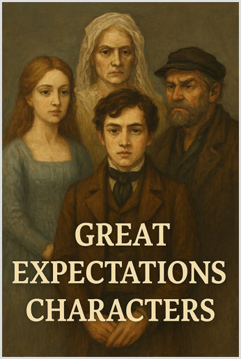 An illustrated group portrait of key characters from Great Expectations by Charles Dickens. Pip stands at the front with a determined expression, flanked by Estella in a blue dress, Miss Havisham with white hair and stern face, and Magwitch in rugged attire, all set against a moody, classical backdrop.