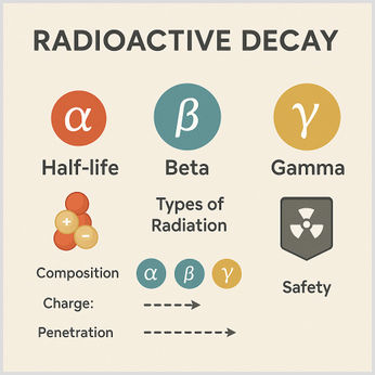 Educational infographic on radioactive decay covering half-life, radiation types, and safety measures, presented clearly with minimalistic visuals and calm colours.