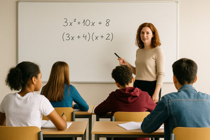 GCSE students in a classroom learning factorising expressions, with a teacher pointing to a quadratic equation on the whiteboard.