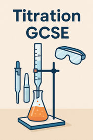 Illustration of a GCSE titration setup with a burette, conical flask containing orange solution, pipette, and safety goggles.