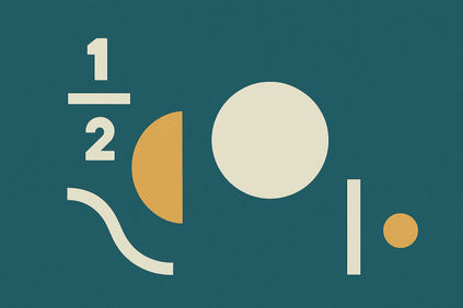 Abstract artwork featuring minimalist geometric shapes and the fraction 1/2, using bold cream and orange forms on a teal background to symbolise fractional concepts.