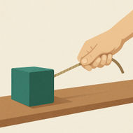 A hand pulls a green block with a rope across a wooden surface, demonstrating a contact force in action.
