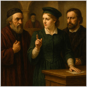Courtroom scene from Shakespeare's The Merchant of Venice depicting Shylock, Portia disguised as a lawyer, and Antonio.