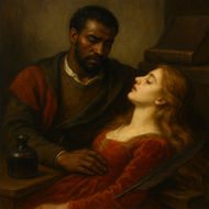 Othello cradles the lifeless Desdemona in a dimly lit room, depicted in an oil painting with warm, dramatic tones.