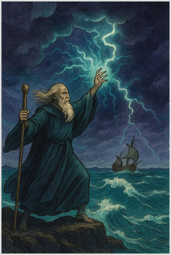 Prospero summoning a storm in The Tempest, with lightning striking the sea and a ship struggling against the waves.