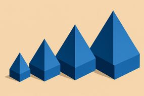 Geometric pyramids in increasing sizes arranged in a row, symbolising mathematical sequences and progression.