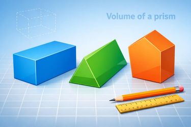 3D models of different prisms on a grid background, illustrating the volume of a prism for GCSE Maths.
