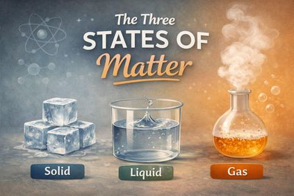 An educational image showing the three states of matter. Ice cubes represent a solid, a beaker of water represents a liquid, and a steaming flask represents a gas, with the heading “The Three States of Matter” above them.