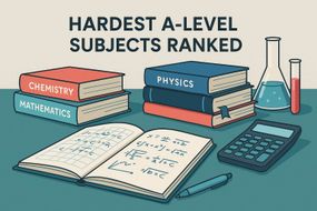 Illustrated study scene with textbooks labelled Physics, Chemistry and Mathematics, an open notebook of equations, a calculator and science lab glassware, used as a cover image for an article on the hardest A-Level subjects.