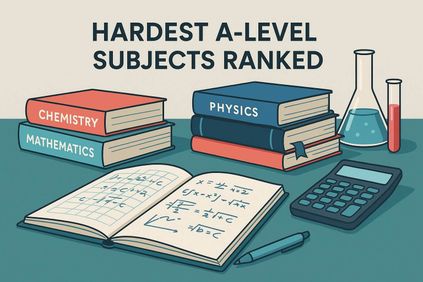 Illustrated study scene with textbooks labelled Physics, Chemistry and Mathematics, an open notebook of equations, a calculator and science lab glassware, used as a cover image for an article on the hardest A-Level subjects.