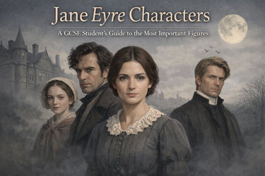 Jane Eyre characters illustration showing Jane Eyre, Edward Rochester, Helen Burns and St John Rivers in a Victorian Gothic style cover image