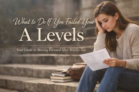 A student sitting on steps looking at her A Level results after results day