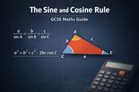 Illustration showing the sine and cosine rules with a labelled triangle and calculator, designed as a GCSE maths guide