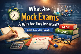 GCSE and A-Level mock exam preparation with revision notes, calculator, textbooks and exam symbols