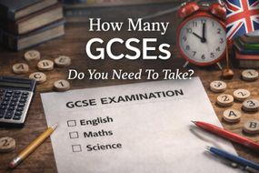 Cover image showing a GCSE exam paper with tick boxes for English, Maths and Science, alongside school stationery and the headline “How Many GCSEs Do You Need To Take?”