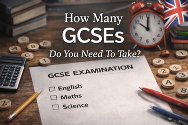 Cover image showing a GCSE exam paper with tick boxes for English, Maths and Science, alongside school stationery and the headline “How Many GCSEs Do You Need To Take?”