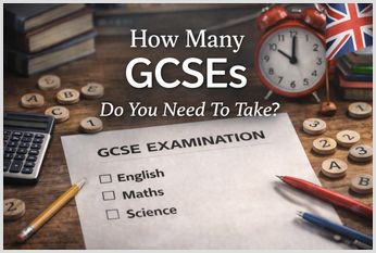 Cover image showing a GCSE exam paper with tick boxes for English, Maths and Science, alongside school stationery and the headline “How Many GCSEs Do You Need To Take?”