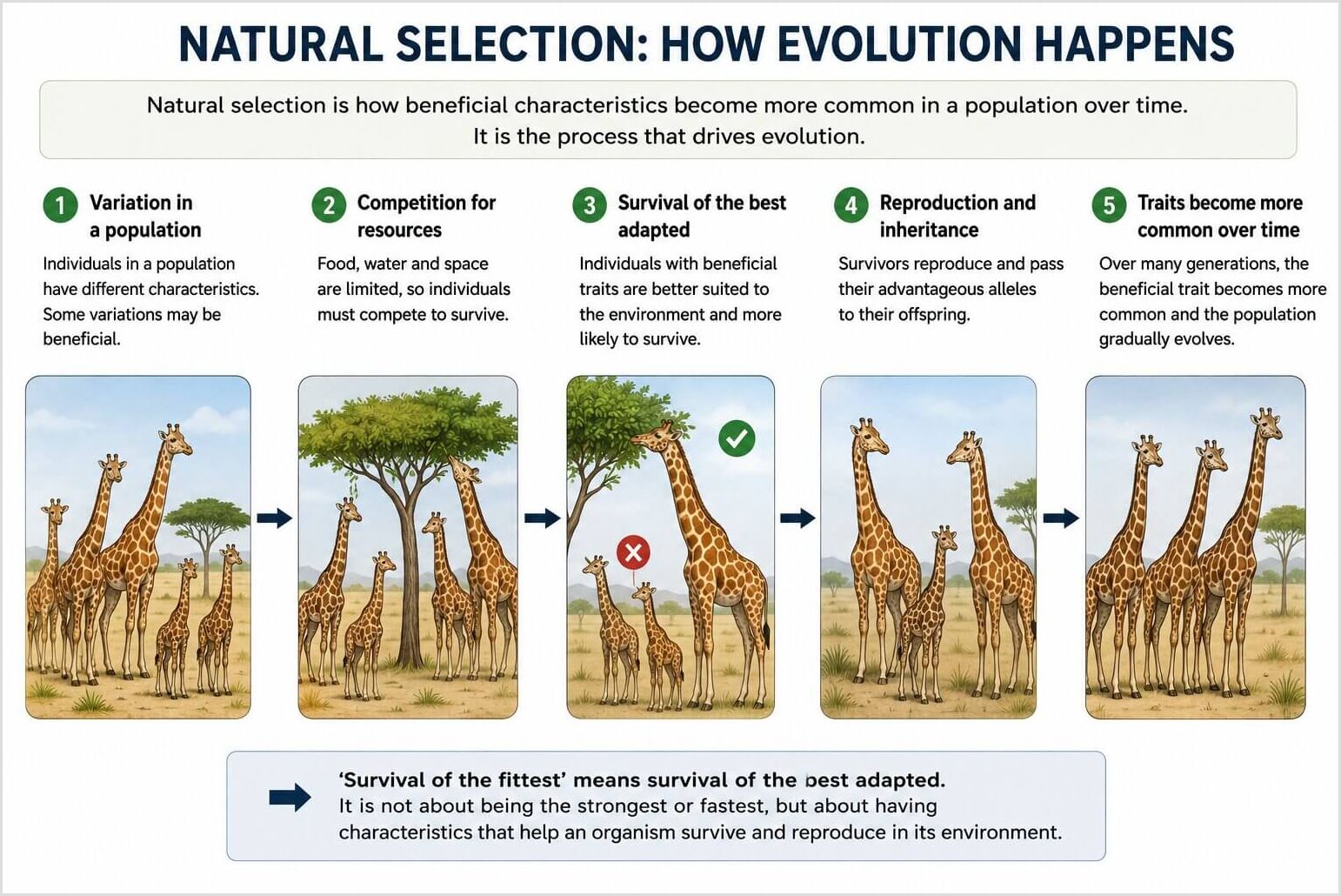 Natural Selection Explained: Giraffe Evolution Through Survival and Reproduction of Better-Adapted Individuals Natural selection flow diagram using giraffes to show how variation, competition for food, survival of better-adapted individuals, inheritance of advantageous traits and evolution over many generations lead to a population with longer necks.