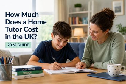 Home tutor helping a student with schoolwork at a table in a family home, illustrating the cost of private home tuition in the UK.